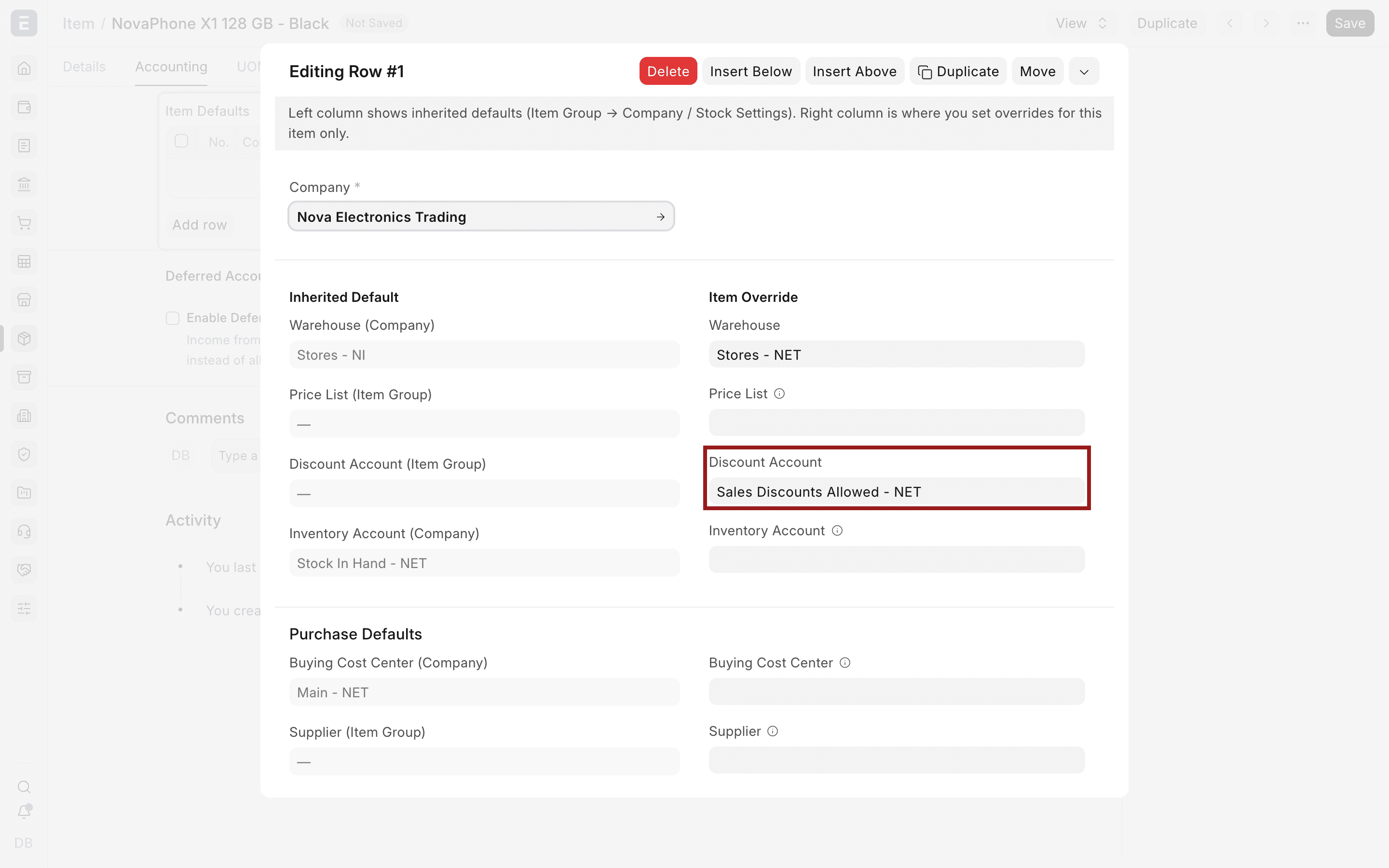 Item Default với Discount Account được đánh dấu