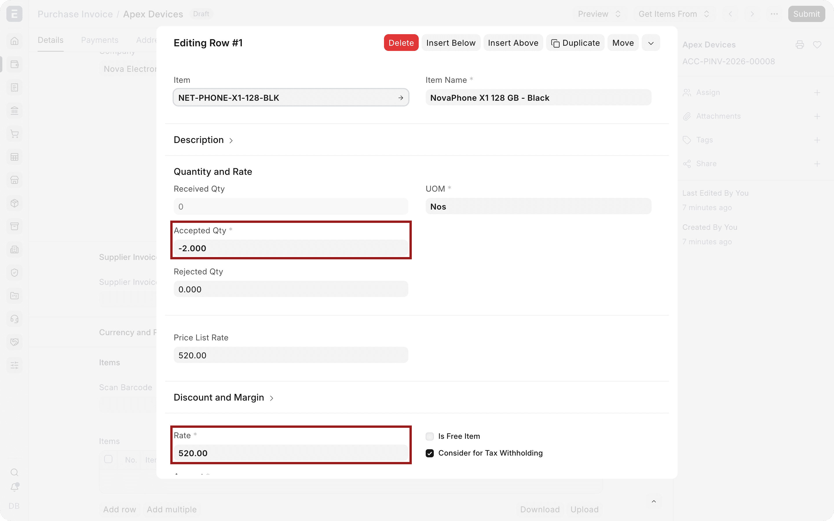 Số lượng âm và đơn giá gốc trên dòng mặt hàng của Debit Note