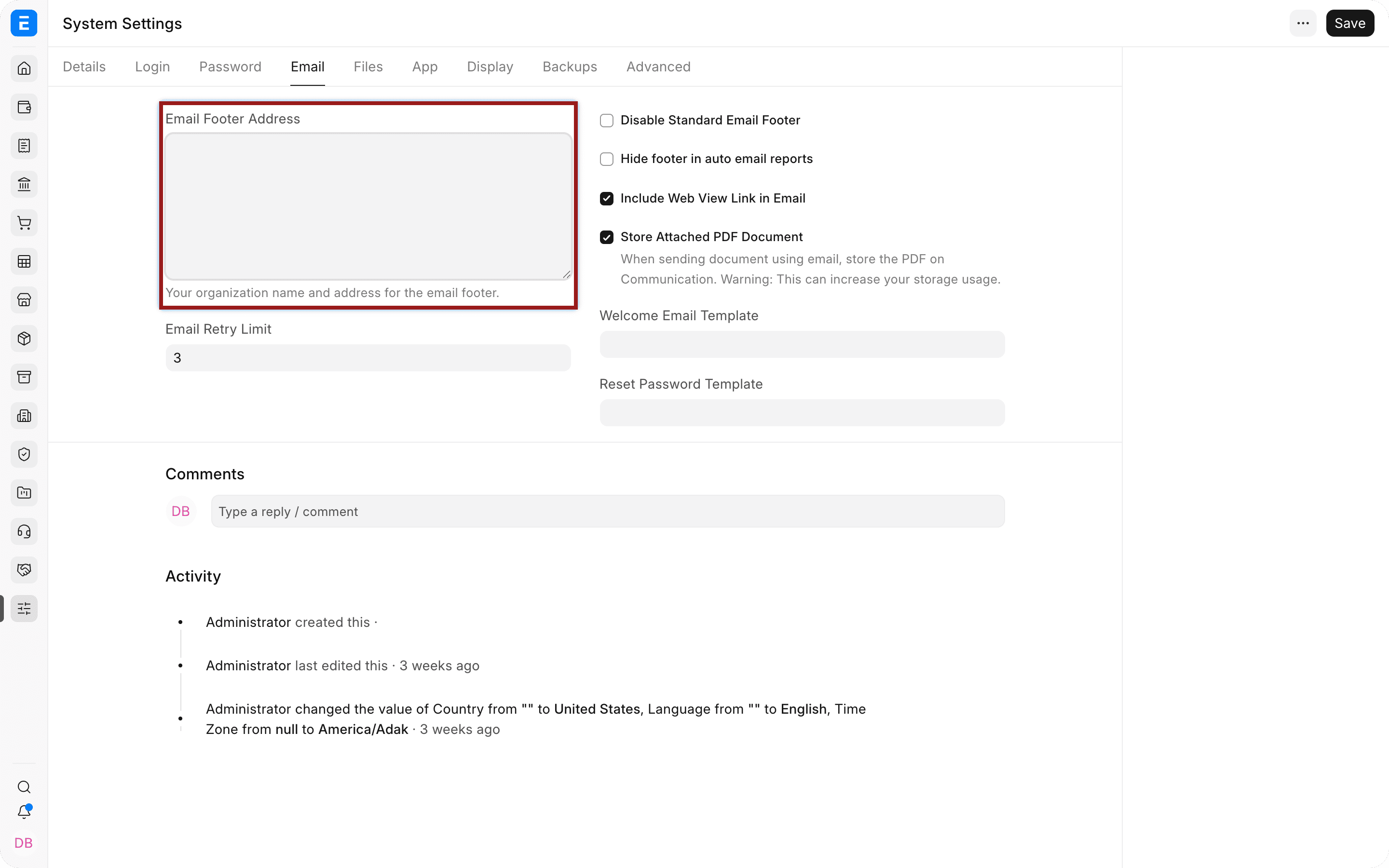 Kiểm soát chân trang và gửi email trong Thiết lập Hệ thống ERPNext