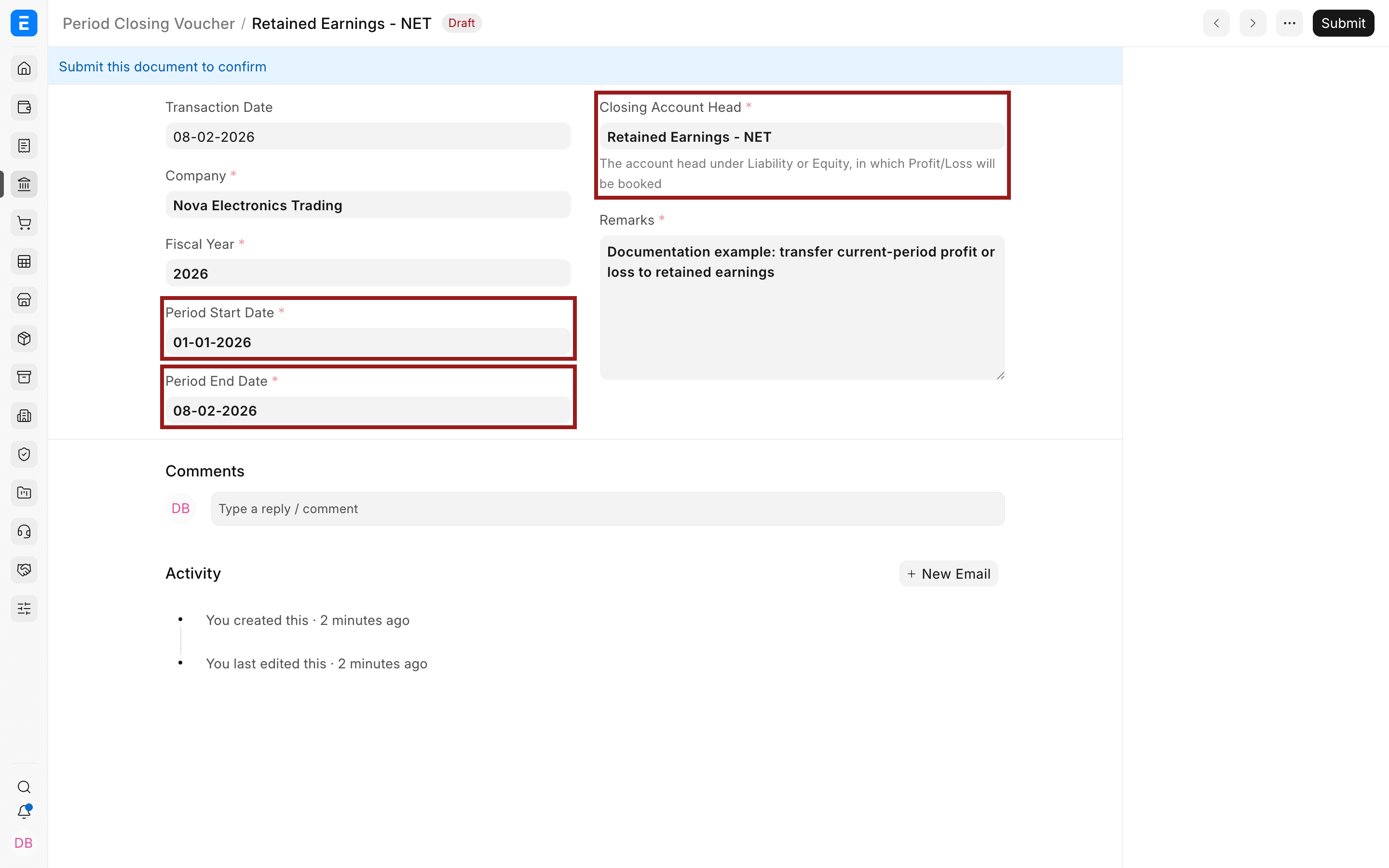 Ngày kỳ và Lợi nhuận giữ lại trên một Phiếu khóa sổ cuối kỳ ERPNext