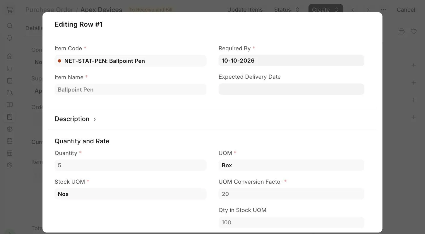Đơn vị tính, đơn vị tính kho và hệ số quy đổi trong dòng mặt hàng của đơn mua hàng