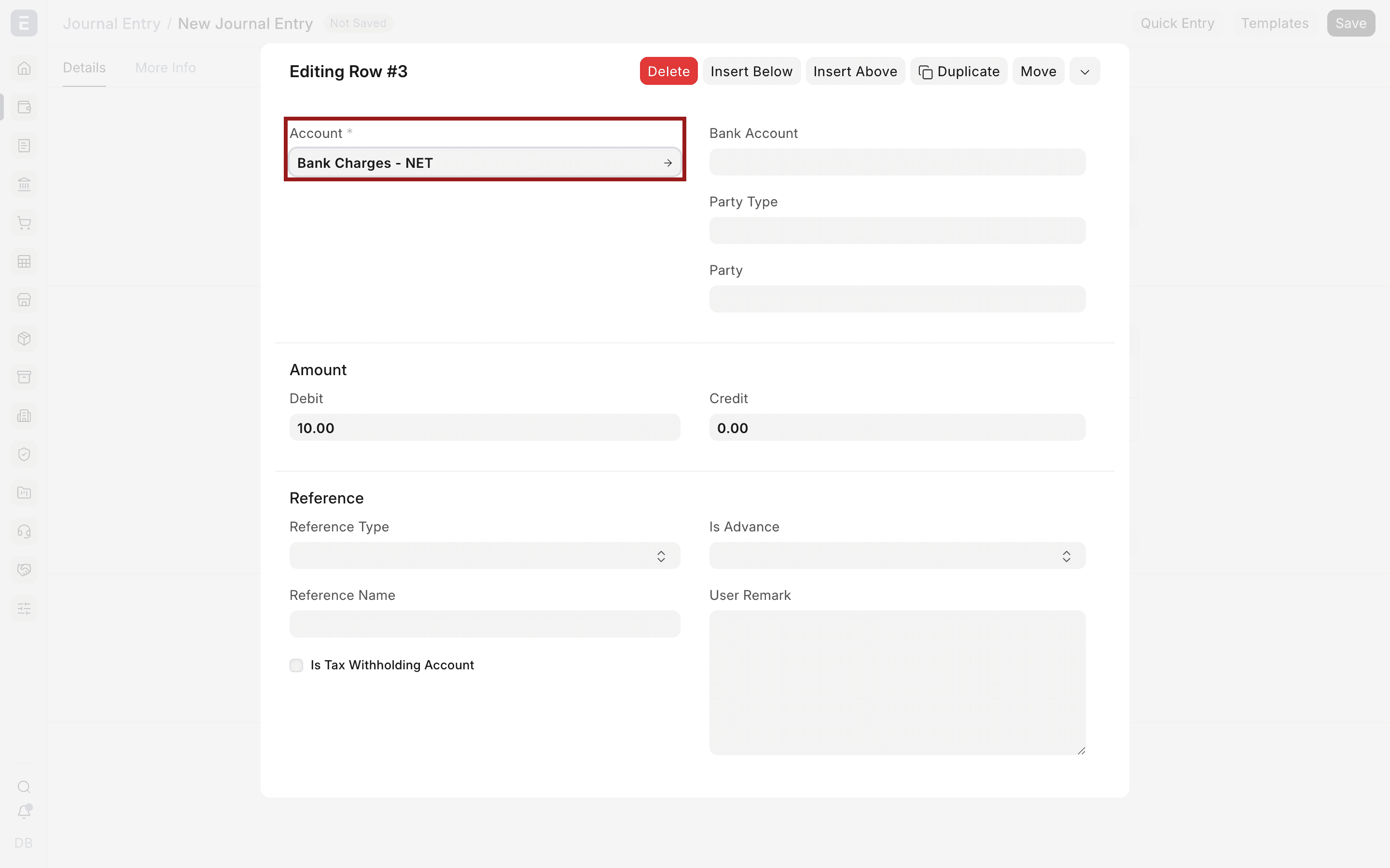 Cửa sổ sửa dòng chênh lệch với tài khoản Bank Charges được đánh dấu