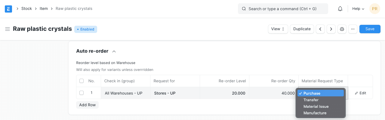 reorder level next action