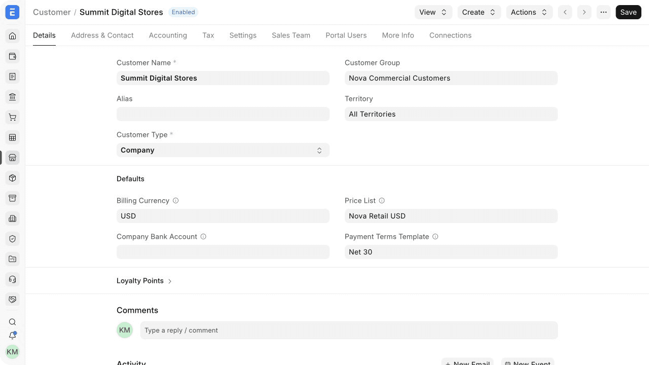 Thông tin khách hàng và các mặc định bán hàng của Summit Digital Stores.