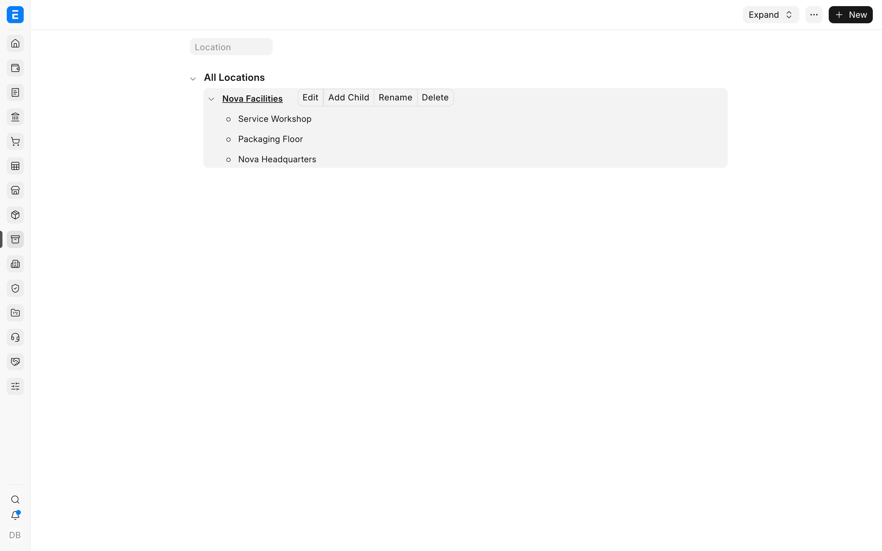 Cây vị trí tài sản ERPNext cho các cơ sở của Nova Industries