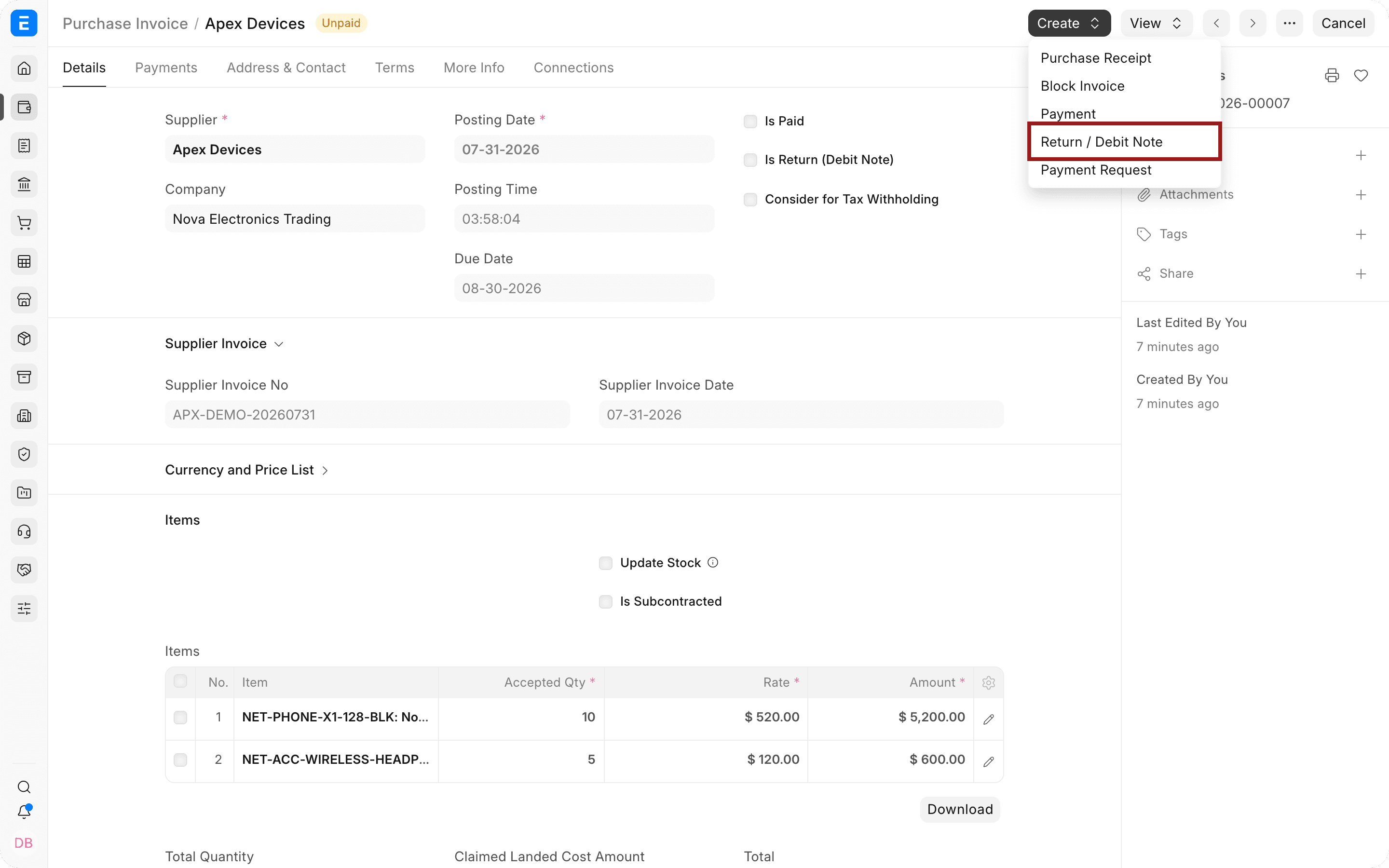 Thao tác Trả hàng hoặc Debit Note trên hóa đơn mua hàng đã Gửi