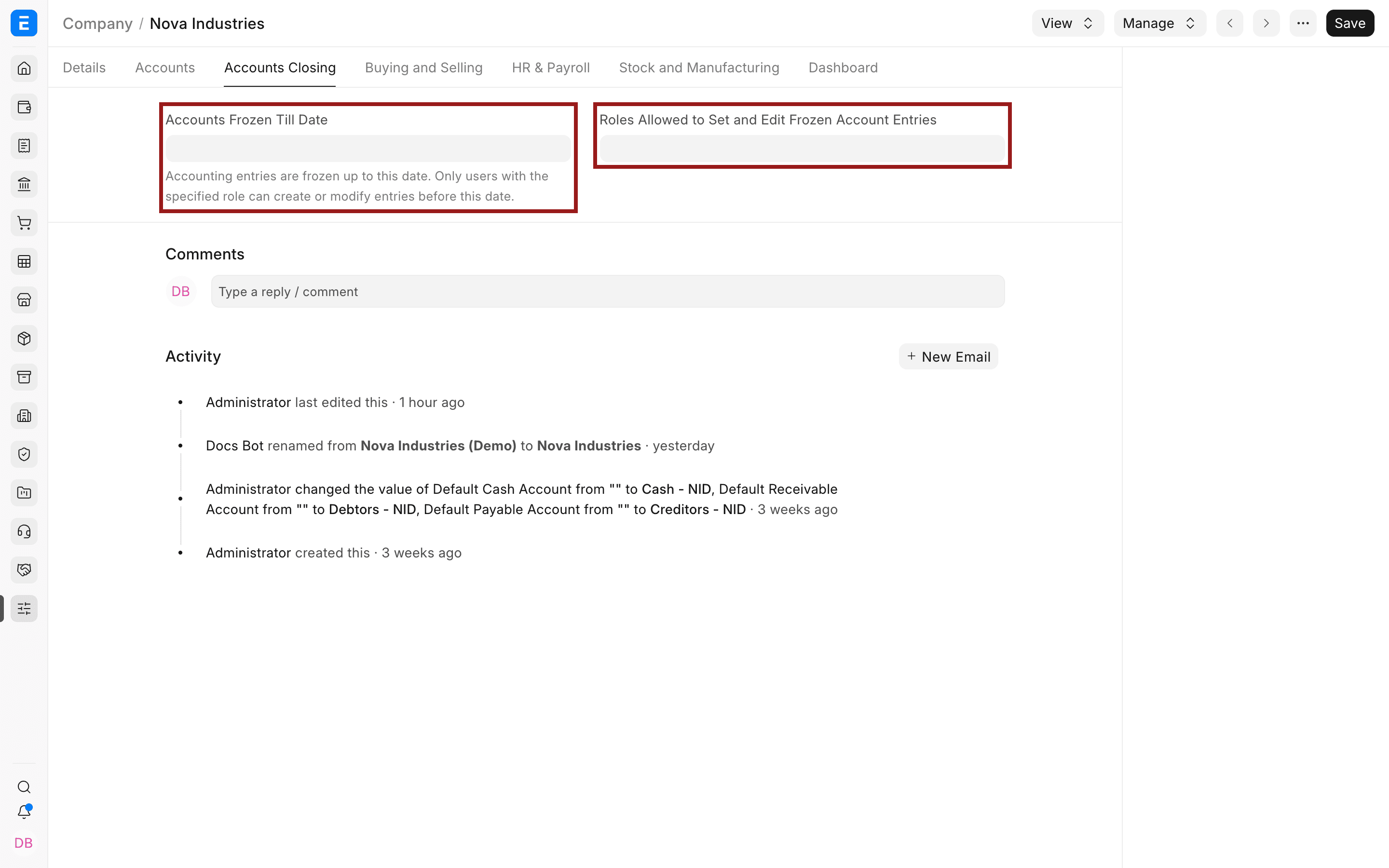 Tab Accounts Closing của công ty với ngày khóa sổ và vai trò được phép