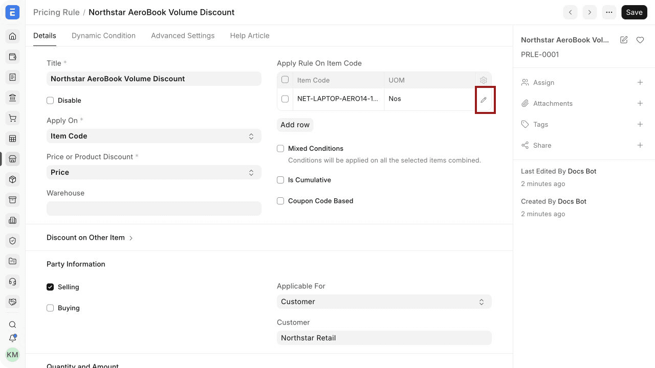 Pricing Rule for an item and customer in ERPNext