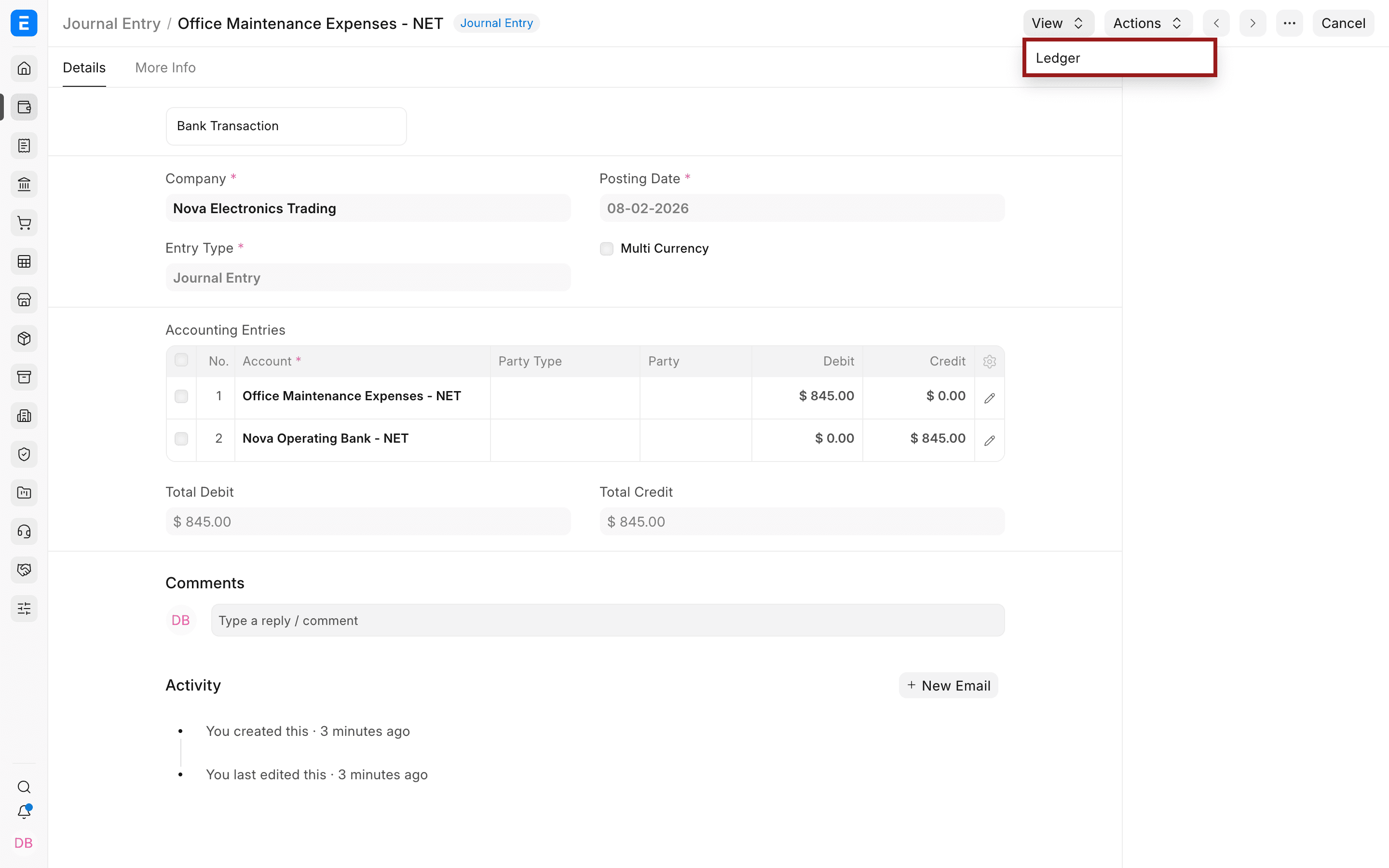 Lệnh Ledger trong menu View của bút toán tổng hợp đã Gửi