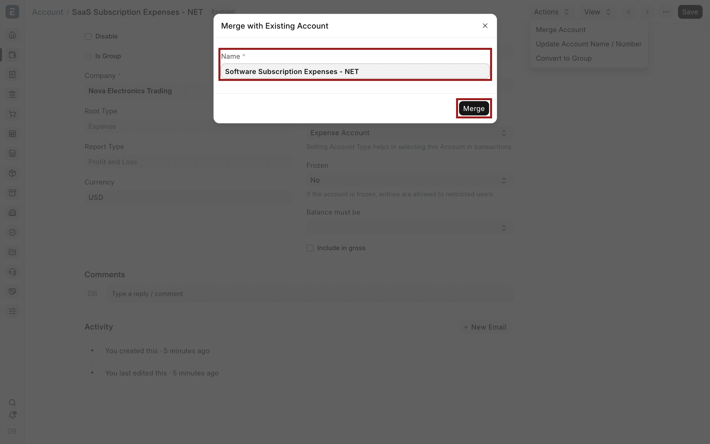 Tài khoản đích và nút Merge trong hộp thoại Merge with Existing Account