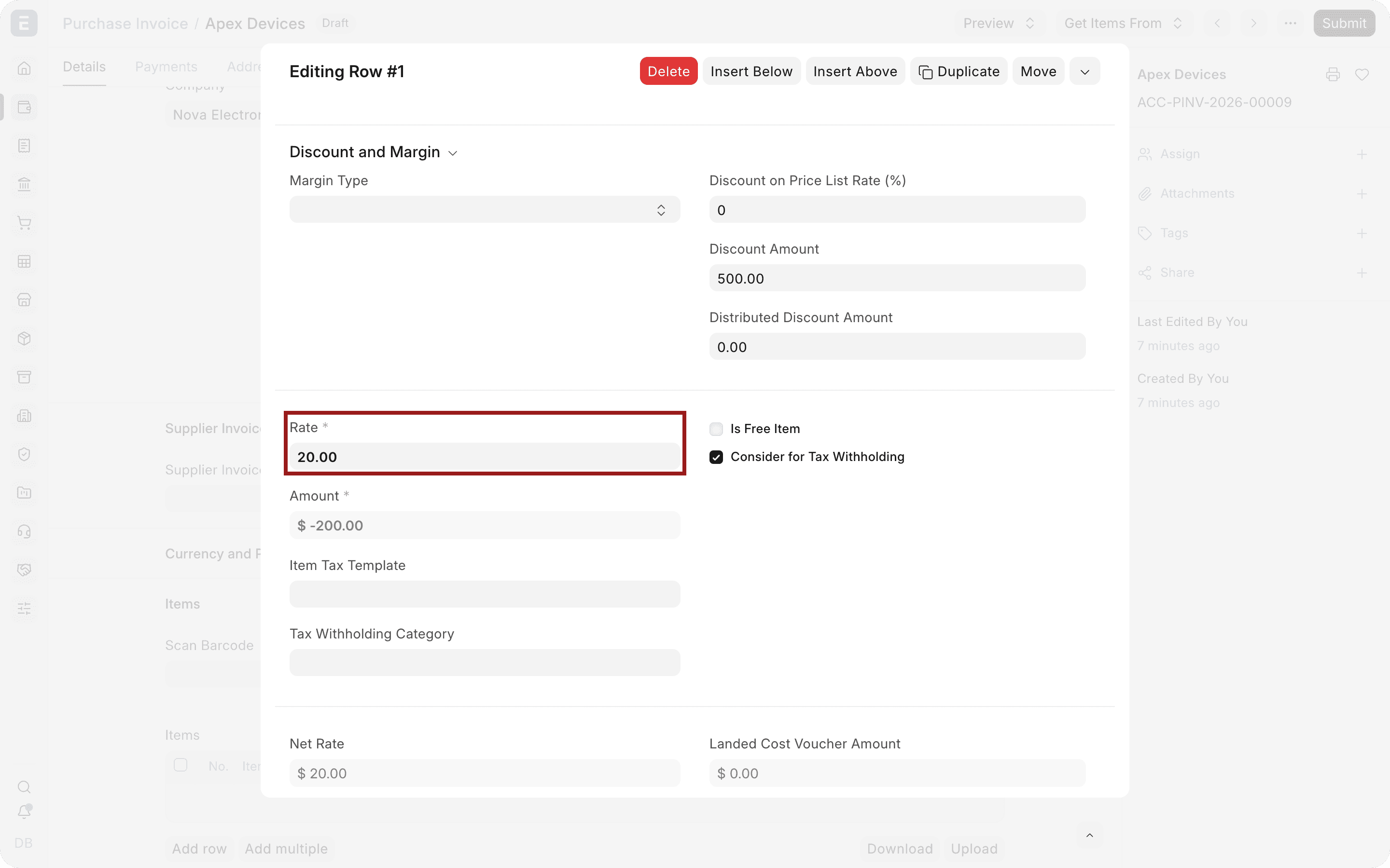 Mức chênh lệch giá trên mỗi đơn vị được nhập làm đơn giá của Debit Note