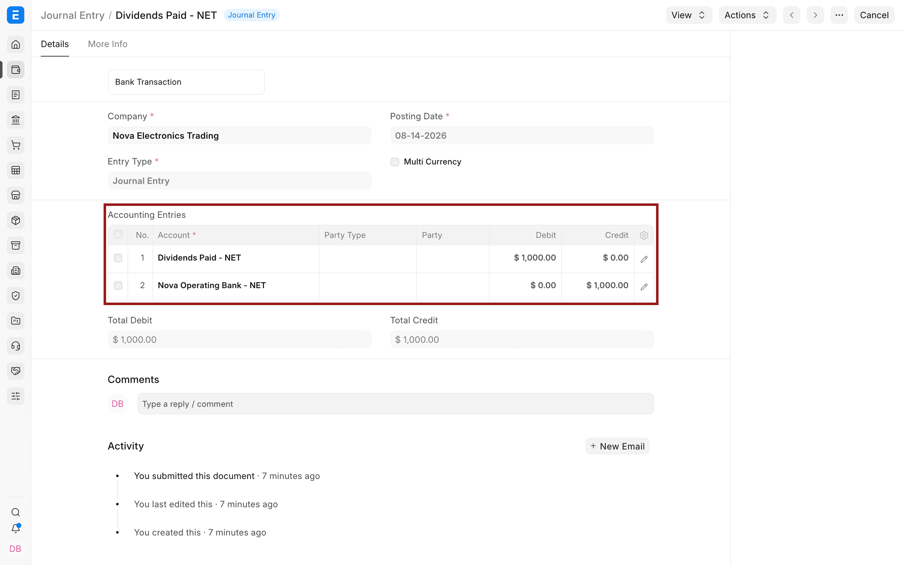 Bút toán tổng hợp đã Gửi: Nợ Dividends Paid, Có Nova Operating Bank
