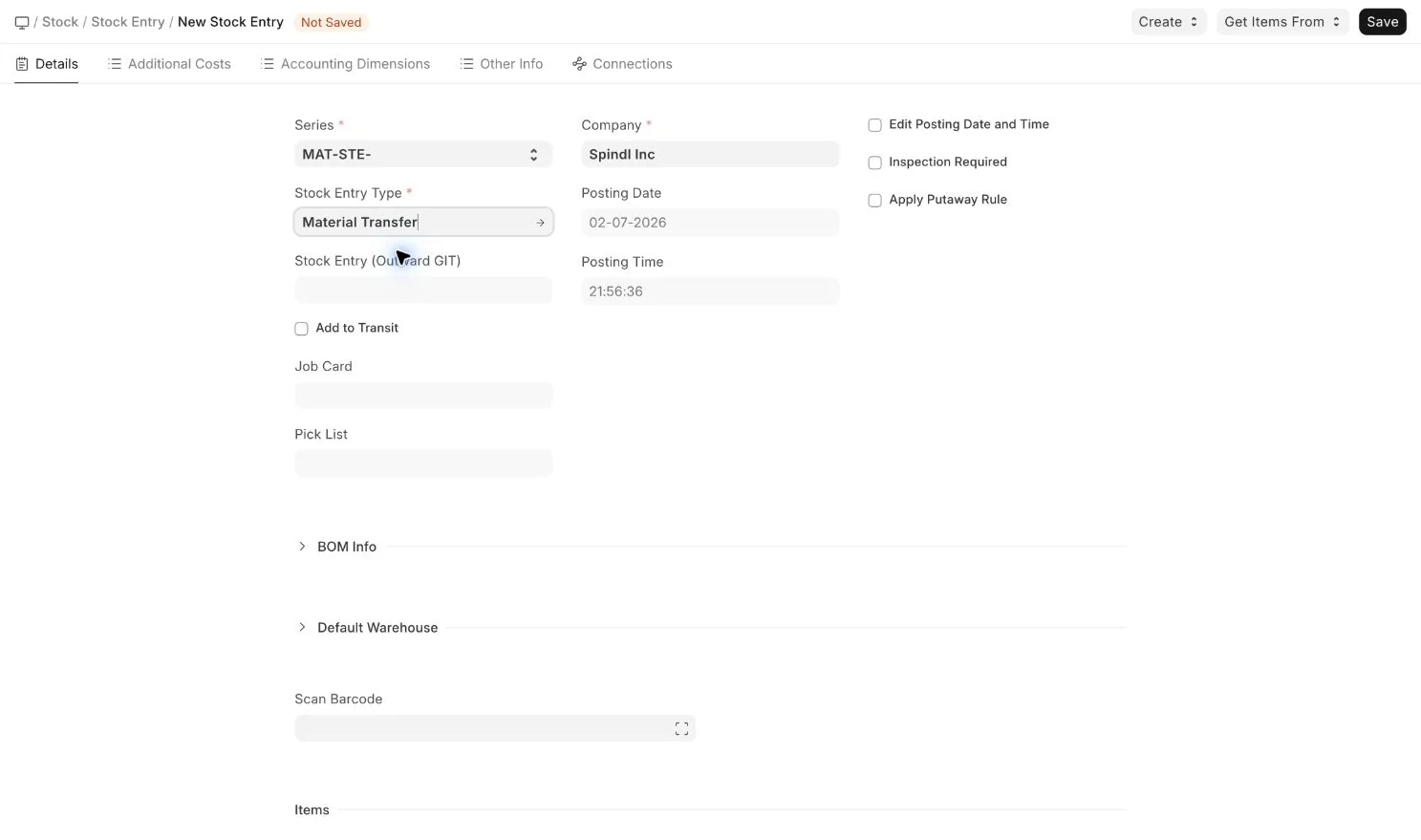 Material Transfer Stock Entry showing Goods in Transit fields at 150 percent zoom without sidebar