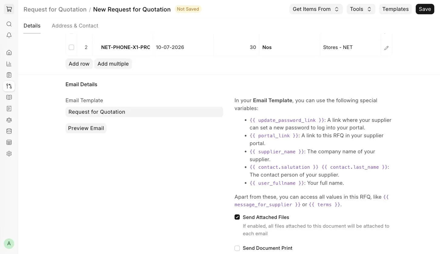 Chi tiết email của Yêu cầu báo giá