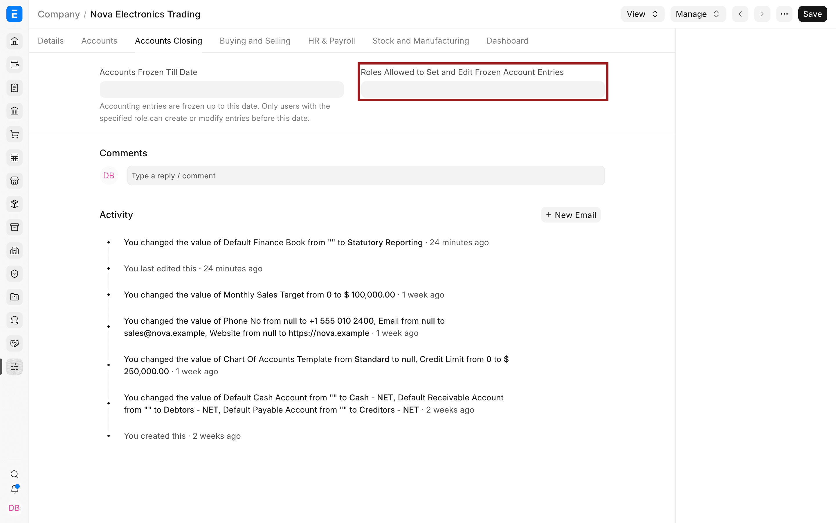 Tab Accounts Closing của công ty, phần Roles Allowed to Set and Edit Frozen Account Entries được đánh dấu