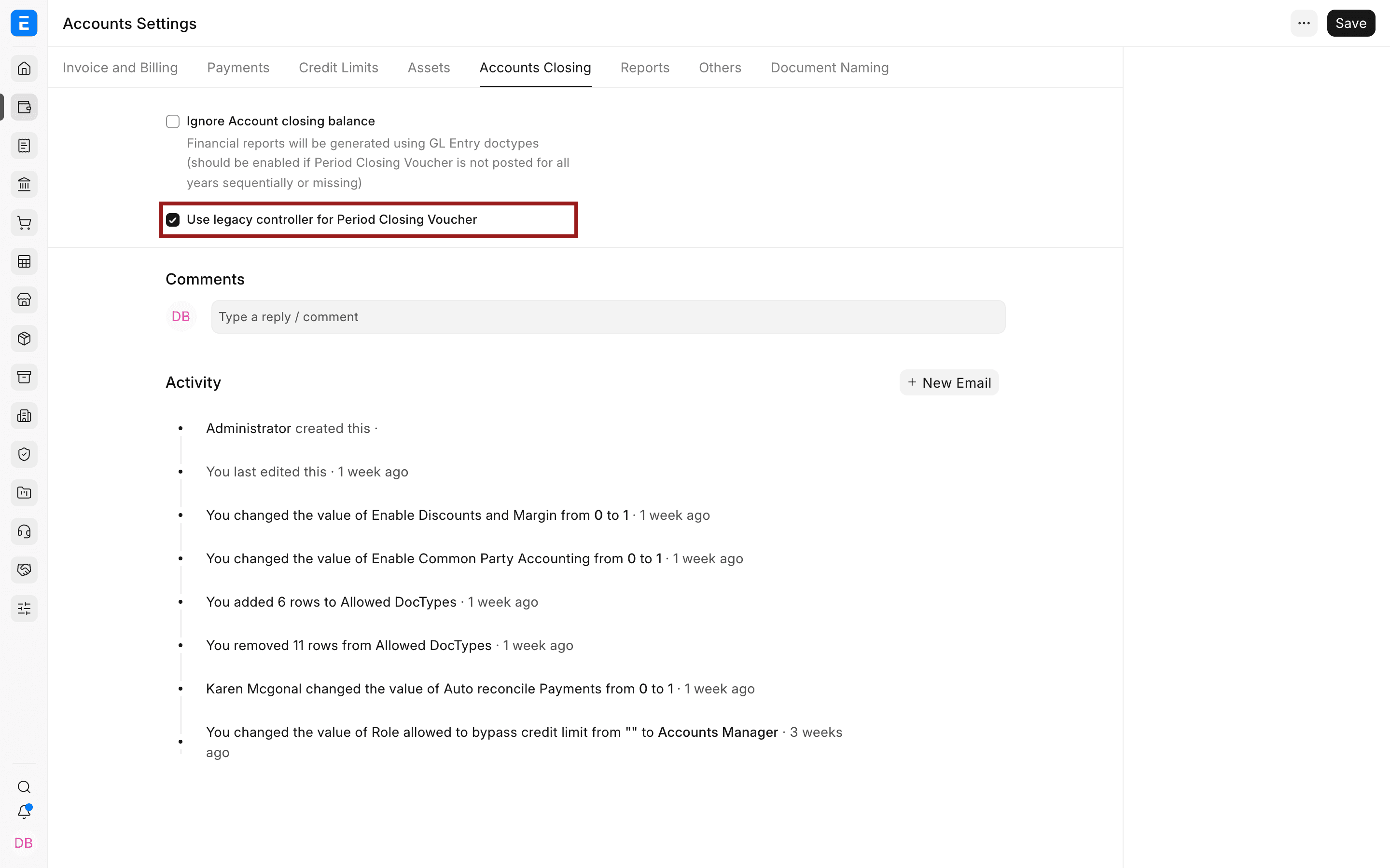 Tùy chọn Use legacy controller for Period Closing Voucher trong Cài đặt kế toán