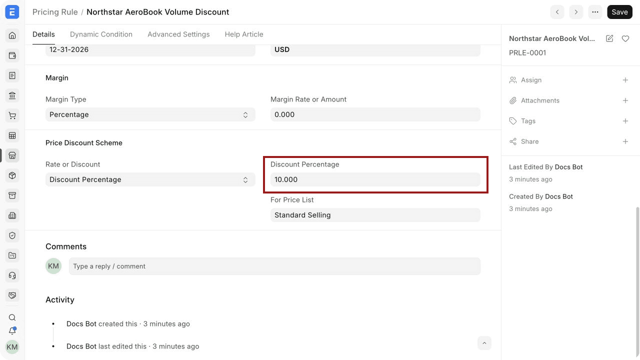 Pricing Rule discount percentage in ERPNext
