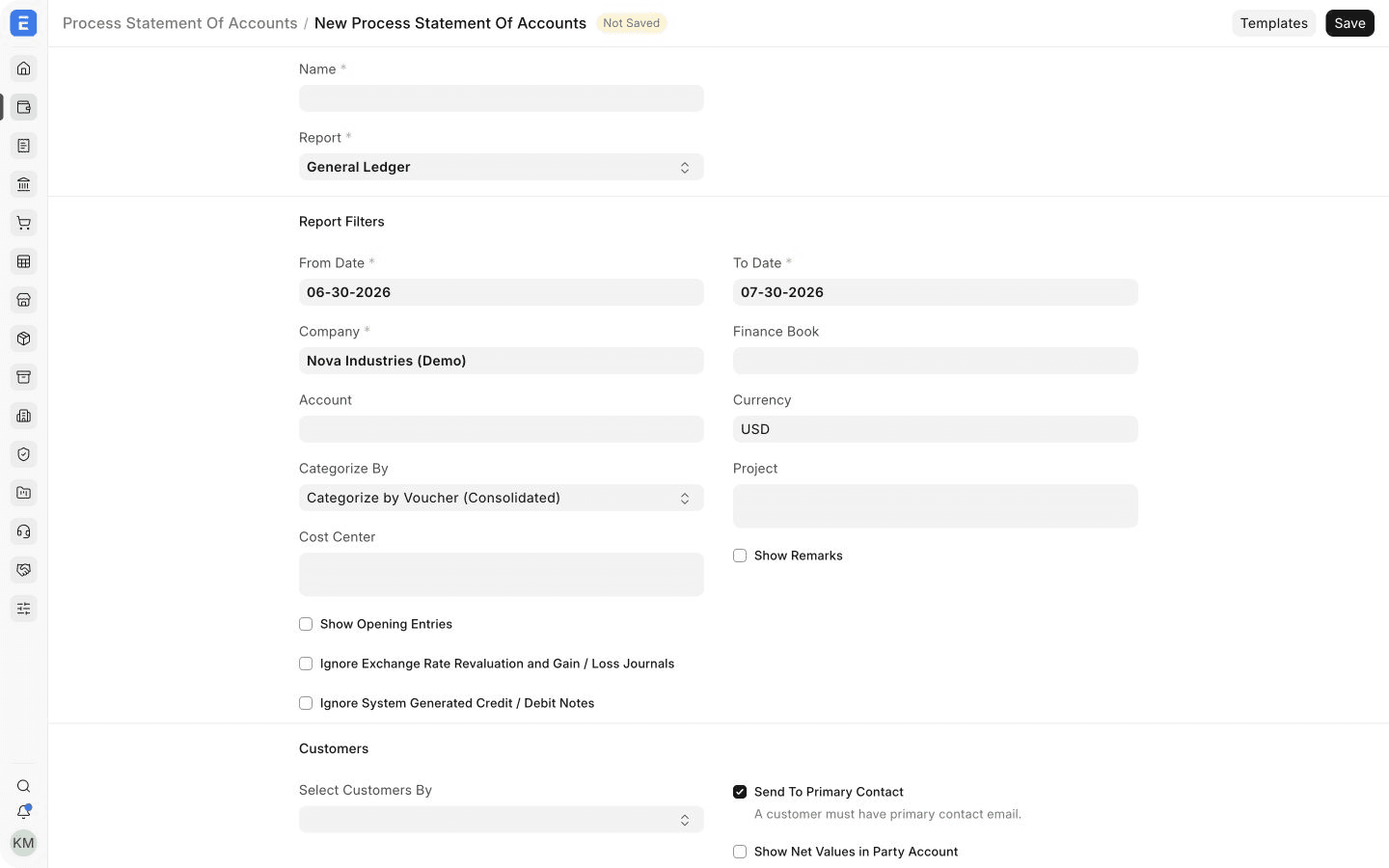 Bộ lọc báo cáo của Process Statement Of Accounts