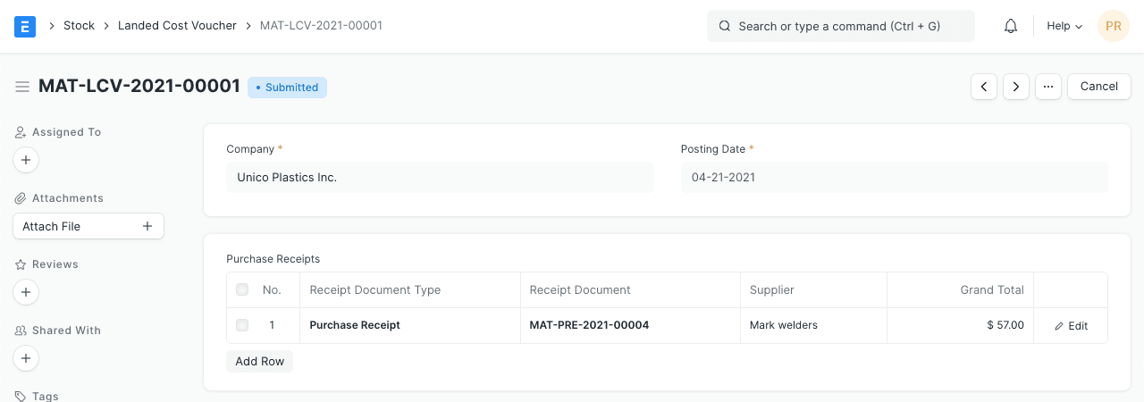Landed Cost Voucher
